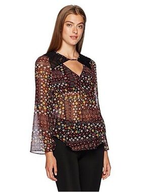 BCBGeneration Babydoll Lace Sheer Floral Black Bell Sleeves Top Size 2 NWT $78